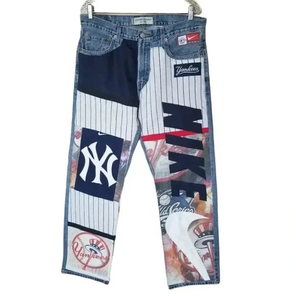 Levi's Low Rise Straight Patchwork Yankees Baseball Nike White Red NY 34 - Picture 1 of 13